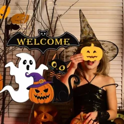 Halloween Wooden Door Sign, Ghost Welcome Wreath with Pumpkin, Bat and Black Cat Design, Rustic Farmhouse Hanging Decor for Front Door, Wall, Window, Indoor Outdoor Halloween Party Decoration