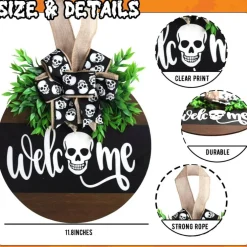 Halloween Wooden Welcome Sign for Front Door Skull Door Hanger Round Wooden Wreath with Bow Farmhouse Halloween Wall Decor for Home Porch Party Decorations