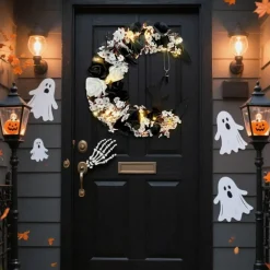 Halloween Wreath for Front Door, Flower Moon Cat Spooky Autumn Wreath, 13.7 x 9.8 Inch Handmade Halloween Home Door Wall Decoration for Indoor Outdoor Seasonal Decor