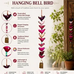 Handmade Cotton Bird Wall Hanging with Bell | Boho Multicolor Bird Decor | Vertical Wall & Door Hanging Ornament
