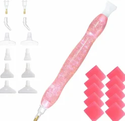 Handmade 5D Diamond Painting Art Drill Pen Kit Tool with 14pc Thin Tips and 10 Waxes Glitter Pink