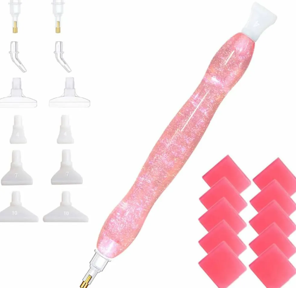 Handmade 5D Diamond Painting Art Drill Pen Kit Tool with 14pc Thin Tips and 10 Waxes Glitter Pink
