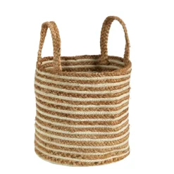 14'' Handwoven Stripe Natural Cotton and Jute Boho Chic Basket Planter