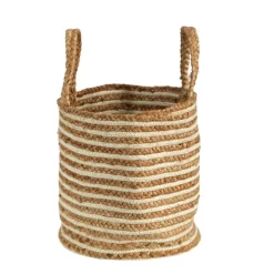 14'' Handwoven Stripe Natural Cotton and Jute Boho Chic Basket Planter