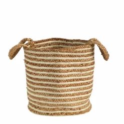 14'' Handwoven Stripe Natural Cotton and Jute Boho Chic Basket Planter