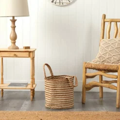 14'' Handwoven Stripe Natural Cotton and Jute Boho Chic Basket Planter