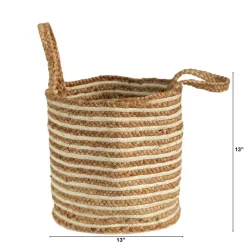 14'' Handwoven Stripe Natural Cotton and Jute Boho Chic Basket Planter