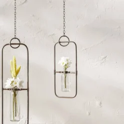 28" Hanging Bottle Vases in Metal Frame, 2ct.