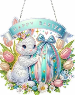 Hanging Diamond Art Kit for Adults – DIY Acrylic Diamond Painting Pendant – Easter Rabbit Diamond Art Board with Chain for Home Decor