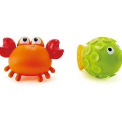 Hape: Rock Pool Squirters - 2pc Bath Toy Set, Orange/Red Crab & Green Suction Cup Pufferfish, Water, Bathtime, Pool, Baby, Toddler, Kids Ages 18mo+