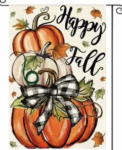 Happy Fall Garden Flag 12x18 Inch Double Sided Autumn Pumpkins Yard Banner, Weather & Fade Resistant Outdoor Porch Lawn Seasonal Home Decoration Flag