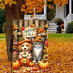 Happy Fall Garden Flag 12x18 Inch Double Sided Pumpkin Hello Fall Dog Cat Autumn Puppy Kitten Yard Banner, Thanksgiving Outdoor Porch Lawn Seasonal Holiday Home Decoration