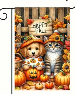 Happy Fall Garden Flag 12x18 Inch Double Sided Pumpkin Hello Fall Dog Cat Autumn Puppy Kitten Yard Banner, Thanksgiving Outdoor Porch Lawn Seasonal Holiday Home Decoration