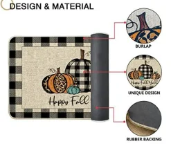 Happy Fall Y'all Doormat Autumn Buffalo Check Plaid Pumpkin Door Mats Fall Farmhouse Runner Rugs Entrance Low Profile Non Slip Floor Mat for Home Patio in/Outdoor Decor 17x29 in (Black)