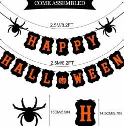 Happy Halloween Banner with Spider Pumpkin Sign, Pre-Assembled 8.2 Ft Halloween Party Bunting Garland, Black Halloween Decorations for Wall, Mantel, Fireplace, Photo Backdrop
