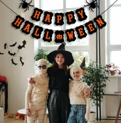 Happy Halloween Banner with Spider Pumpkin Sign, Pre-Assembled 8.2 Ft Halloween Party Bunting Garland, Black Halloween Decorations for Wall, Mantel, Fireplace, Photo Backdrop