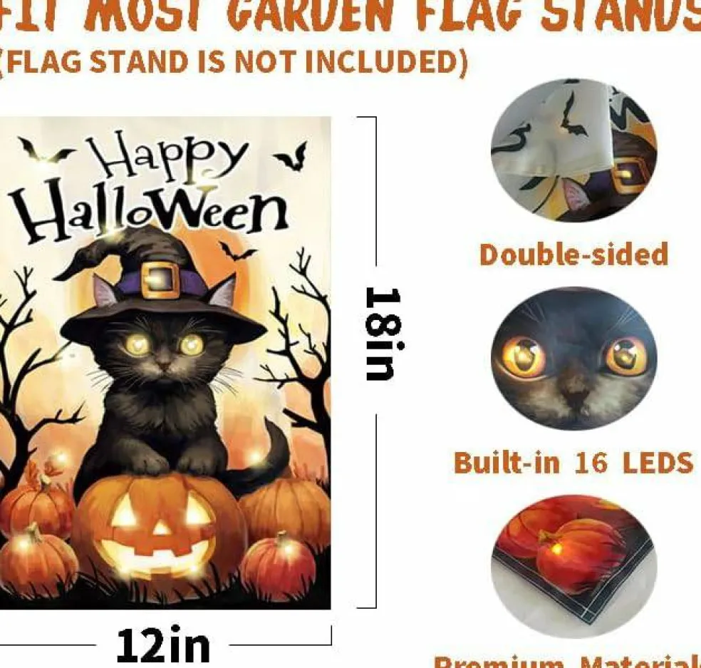Happy Halloween Cat Pumpkin Flag with Solar LED Lights (12"x18")