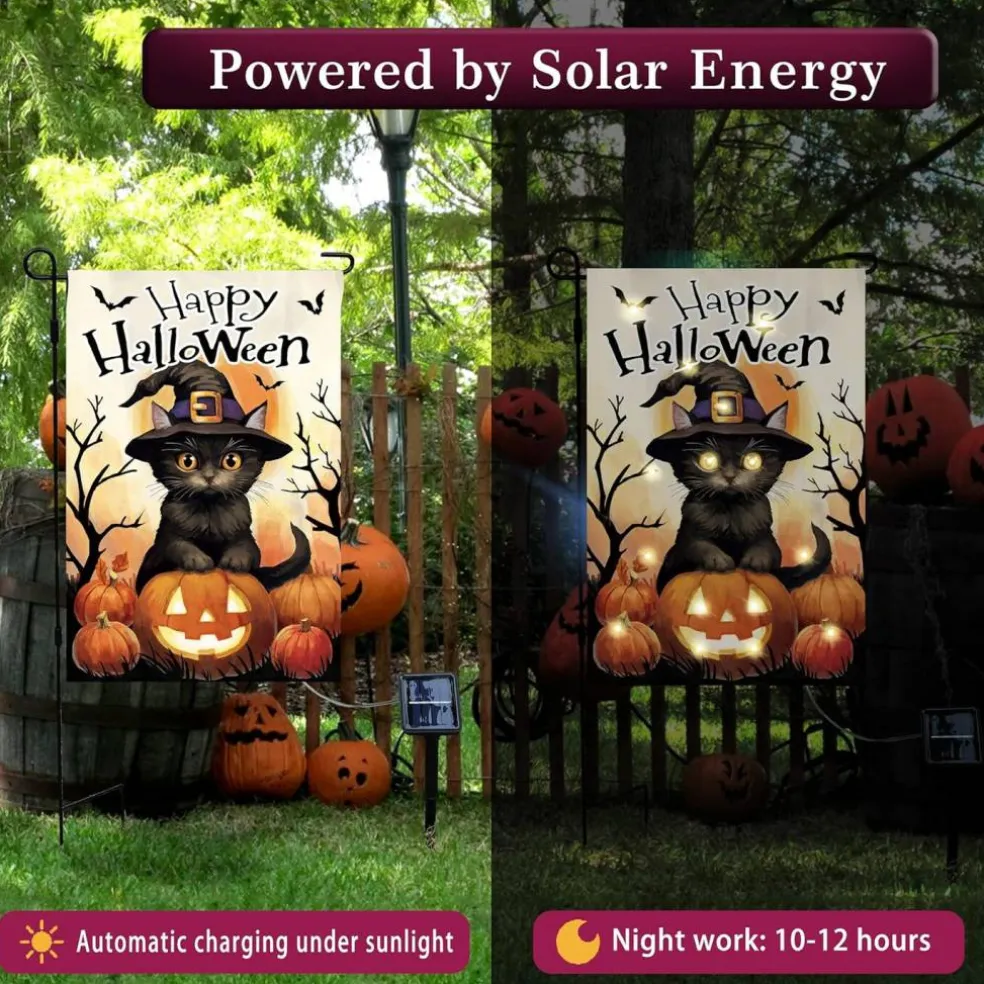 Happy Halloween Cat Pumpkin Flag with Solar LED Lights (12"x18")