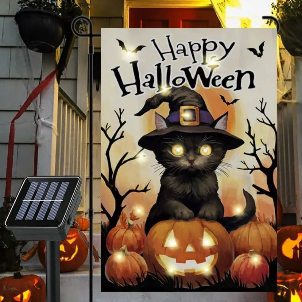 Happy Halloween Cat Pumpkin Flag with Solar LED Lights (12"x18")