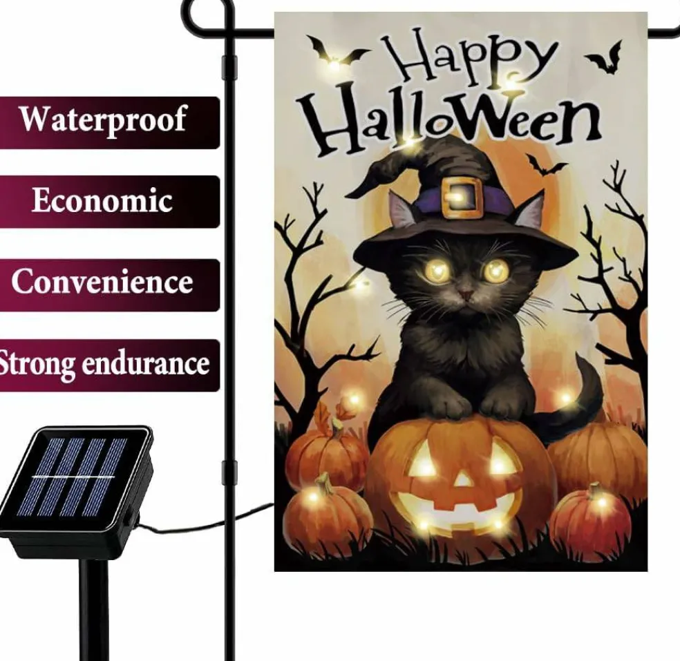 Happy Halloween Cat Pumpkin Flag with Solar LED Lights (12"x18")