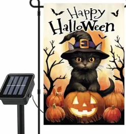 Happy Halloween Cat Pumpkin Flag with Solar LED Lights (12