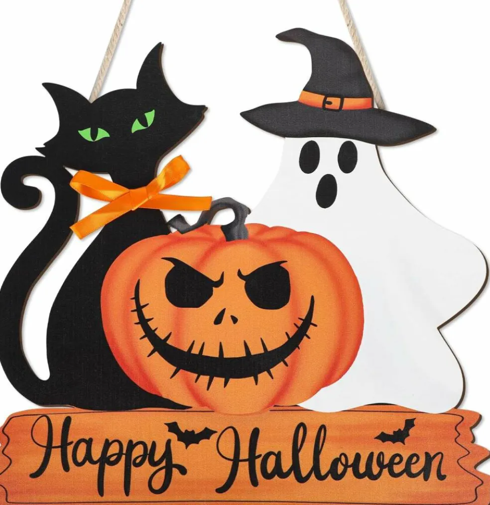 Happy Halloween Door Sign Wooden Ghost Pumpkin (Classic)