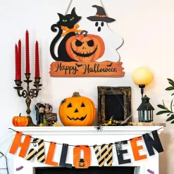 Happy Halloween Door Sign Wooden Ghost Pumpkin (Classic)