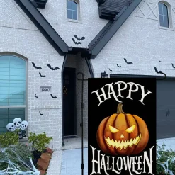 Happy Halloween Garden Flag 12 x 18 Inch, Double-Sided Burlap-Look Halloween Yard Sign with Scary Pumpkin Welcome Design, Outdoor Porch, Lawn, Garden & Front Yard Decoration