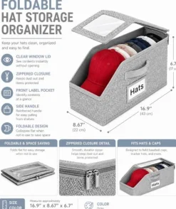 Hat Storage Organizer Holds 12 Caps Foldable Closet Bin Clear Window Gray