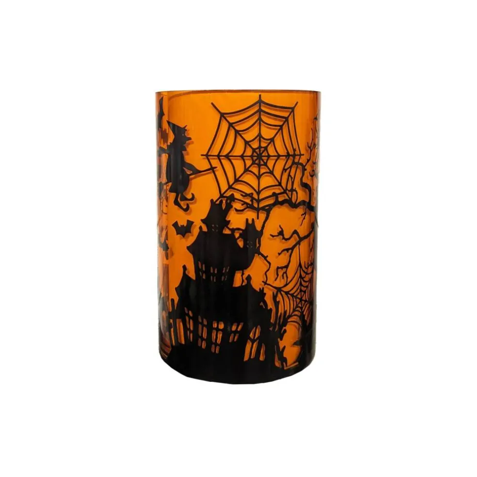 Haunted House Orange & Black Tall Glass Decorative Container 8"