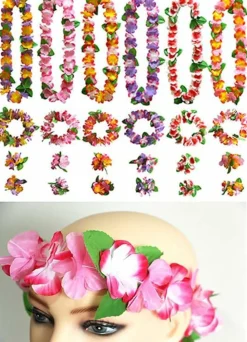 Hawaiian Hula Leis sets Artificial Flowers Fabric Wreath Neck Loop Wristband Headband Dance Garland Leis Sets for Luau Party Costumes (6 sets;24 Pack)