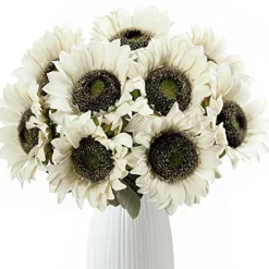 Hawesome White Sunflowers Artificial Flowers 7 Pcs Faux Silk Sunflowers Bouquet Fake Real Touch Long Stems Floral for Wedding Party Centerpieces Home Decoration(Autumn White)