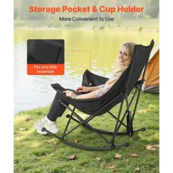 Heated Camping Chair, 3 Heat Settings, Large Padded Folding Rocker with Cupholder & Pocket