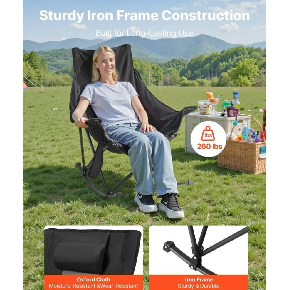 Heated Camping Chair, 3 Heat Settings, Large Padded Folding Rocker with Cupholder & Pocket
