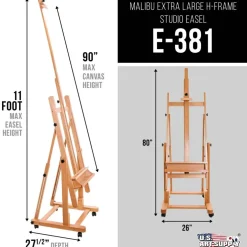 Heavy Duty Extra Large Adjustable Wood H-Frame Easel - Sturdy Wooden Stand, Locking Caster Wheels - Studio Artist Easel for Painting, Canvas Holder Display, Sturdy Beechwood