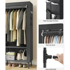 Heavy Duty Fabric Wardrobe Closet Organizer with Removable Cover 65 Inch Portable Clothes Rack with Shelves and Hanging Rails Storage System