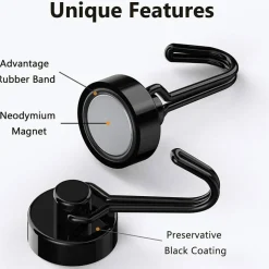 Heavy Duty Magnetic Hooks 30LB, Neodymium Magnet Hooks with Rust-Proof Coating & Metal Plates for Fridge, Kitchen, Grill, Tools, Outdoor & Hanging Wreaths (Black)
