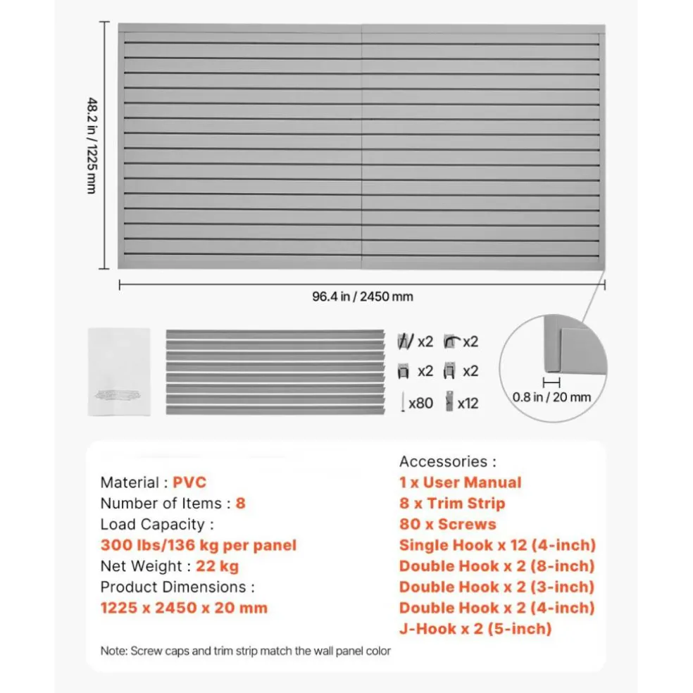 Heavy Duty PVC Slat Wall Panels 8 Pack Garage Wall Organizer System