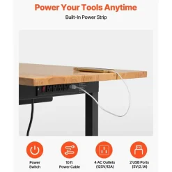 Heavy Duty Wood Workbench 60 x 24 Inch, Adjustable Height Garage Work Table with 4 AC Outlets, USB Ports, Storage Drawer and Locking Casters