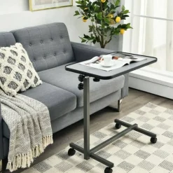 Height Adjustable Overbed Table,20.5" x 13" x 27"-44" Rolling Bedside Laptop Table with Tiltable Lockable Top, H-Shaped Steel Base and 4 Wheels for Bedroom and Living Room