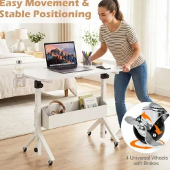 Height Adjustable Standing Desk with Wheels, Mobile Laptop Workstation with Storage Basket, Cup Holder and Cable Management for Home and Office