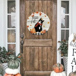 Hello Fall Cat Wooden Door Sign, Pumpkin Maple Leaf Autumn Hanging Door Hanger, Farmhouse Porch Wall Decor for Indoor Outdoor Seasonal Fall Decoration
