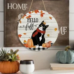 Hello Fall Cat Wooden Door Sign, Pumpkin Maple Leaf Autumn Hanging Door Hanger, Farmhouse Porch Wall Decor for Indoor Outdoor Seasonal Fall Decoration