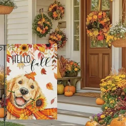 Hello Fall Garden Flag – Golden Retriever Dog with Maple Leaves & Sunflowers, 12x18 Inch Double-Sided Autumn Seasonal Burlap Yard Flag, Outdoor Welcome House & Garden Decoration