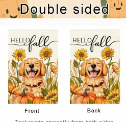 Hello Fall Garden Flag 12x18 Inch Pumpkin Sunflower Dog Yard Decor, Double Sided Weather Resistant Golden Retriever Welcome Home Outdoor Seasonal Autumn Porch Decoration