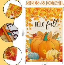 Hello Fall Pumpkin Leaf Garden Flag 12x18 Inch Double Sided Autumn Burlap Yard Flag, Thanksgiving Outdoor Porch Lawn Seasonal Home Decoration Banner