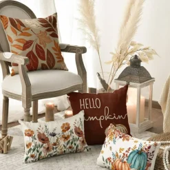 Hello Fall Pumpkin Leaves Throw Pillow Covers Set of 4 – 18x18 Inch Autumn Thanksgiving Harvest Cushion Covers for Sofa, Couch, Bedroom & Farmhouse Seasonal Home Décor