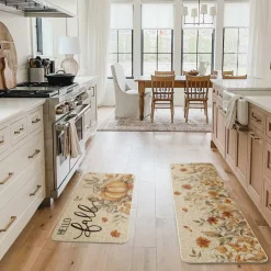 Hello Fall Pumpkin & Sunflower Kitchen Mats Set of 2, Non-Slip Autumn Kitchen Rugs, Low-Profile Seasonal Floor Mats for Kitchen, Entryway, Laundry Room & Farmhouse Home Decor (17x29 & 17x47 Inch)