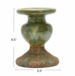 Hello Honey® Distressed Green 2-Tone Sculptural Terracotta Pillar Candle Holder