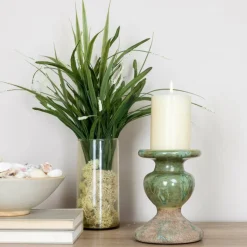 Hello Honey® Distressed Green 2-Tone Sculptural Terracotta Pillar Candle Holder
